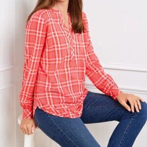 NEW Talbots band collar tunic red plaid large